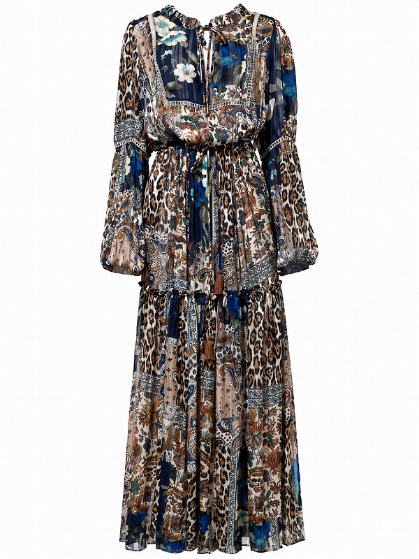 【新品DRESS 848】ヴィンテージライクミックスパターンペプラムフレアロングドレス マルチカラー【GUESS】